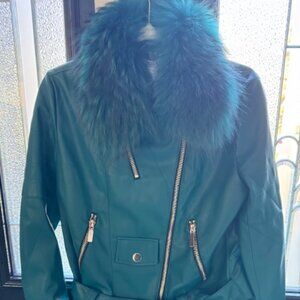 Teal Green Belted Pleather Zip Jacket with Faux Fur Collar. Size Medium.